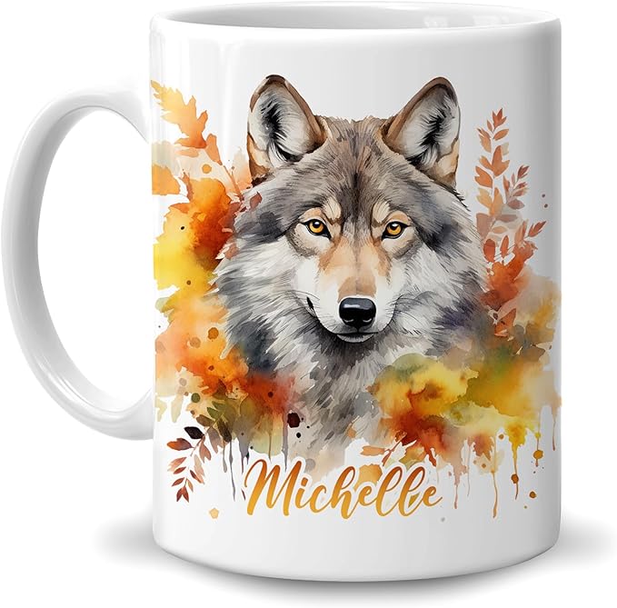 Hyturtle Personalized Fall Wolf Coffee Mug - Birthday Gifts For Wolf Lovers - Fall Autumn Decor Gifts For Farmhouse Thanksgiving - Custom Name 11oz White Ceramic Coffee Tea Mug