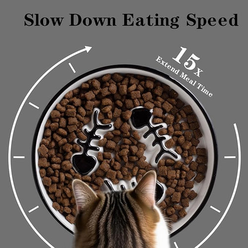 2-Pack Shallow Ceramic Cat Slow Feeder Bowls, Anti-Vomit Food Plates for Whisker Fatigue Relief, Dishwasher Safe, Anti-Acne, Black Chin Prevention, for Dry and Wet Food, Easy Daily Use