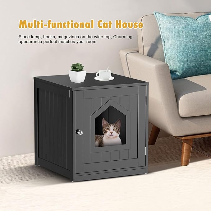 Cat Litter Box Enclosure Hidden Kitty Litter Box Furniture Indoor Cat Box Cabinet House Side Table Nightstand Washroom (Black)