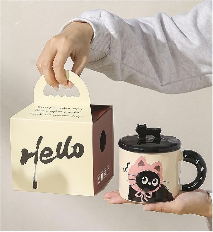 Cat Shaped Mug Suitable For A Variety Of Drinks, Ceramic Mug With Lid, Gift Box For Souvenirs (PinkGiftBox)