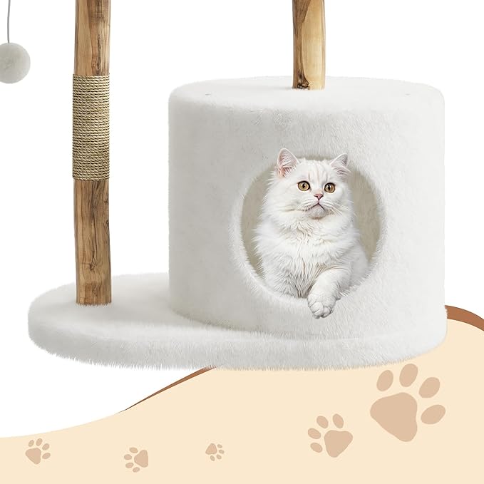 Luxury Wooden Cat Tree Tower for Large Cats41"/46" Modern Cat Condo with Natural Wood, Jute Scratching Posts, Spacious Woven Basket, Hanging Plaything Balls – Deluxe Indoor Cat Furniture, No locations