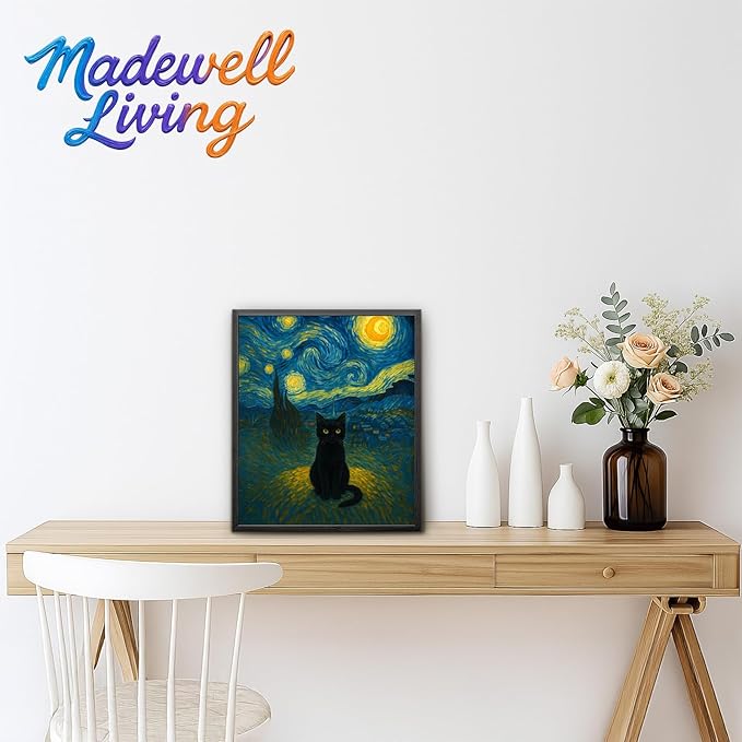 Madewell Living Van Gogh Starry Night with Funny Cat Framed Canvas Print Wall Art - Ready to Hang, Waterproof Living Room & Bedroom Decor