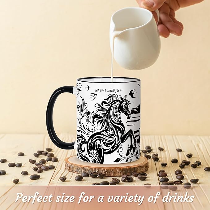 Horse Mug 11 Oz Horse Gifts Mothers Day Birthday Gifts for Women Men, Black and White Boho Mug Equestrian Gift Birthday Gift, Graduation Gift for Women Men, Ceramic Cup Microwave & Dishwasher Safe