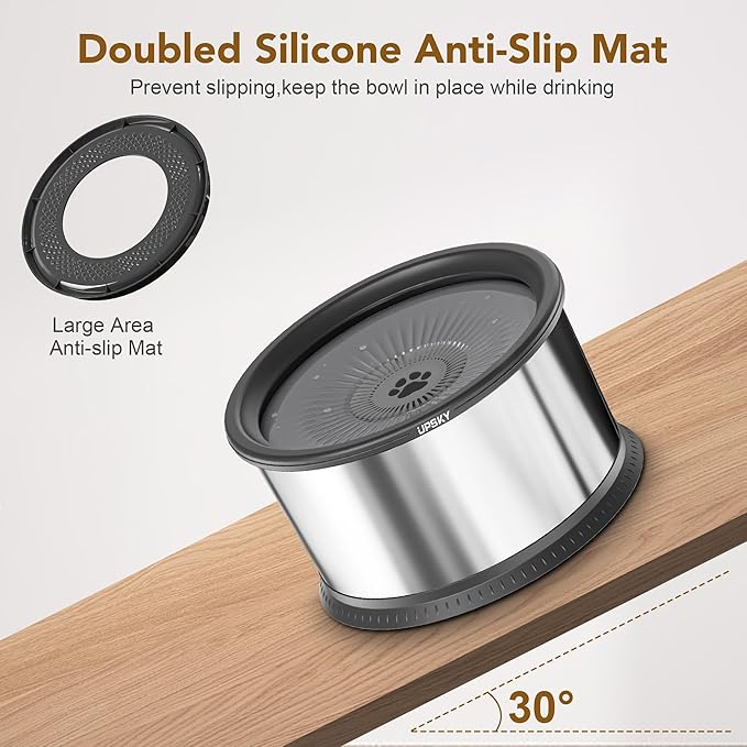 UPSKY 2.5L Dog Water Bowl, No Spill Dog Water Bowl, Stainless Steel Spill Proof Slow Water Feeder,No Splash Water Bowl with Anti-Slip Mat for Messy Drinkers Grey, D.2.5L