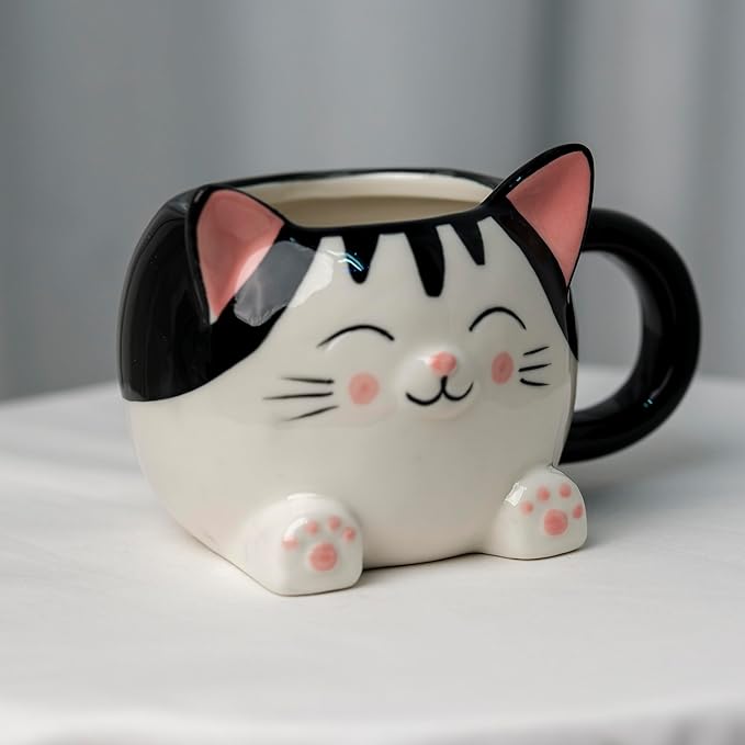 Cute Cat Coffee Mug – 16oz Ceramic Animal Mug, Handmade Gift for Cat Lovers, Cute Kawaii Coffee & Tea Cup – Black Tabby