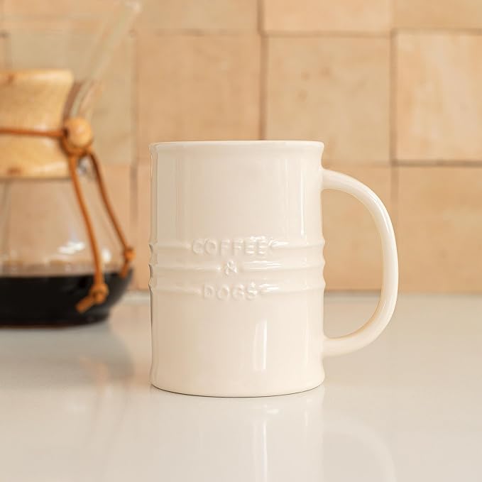 Fringe Studio Stoneware Memento Sculpted Tall Mug "COFFEE & DOGS" 3.35"DIA X 4.5"H, 14 FL.OZ, Ivory Color (436005)