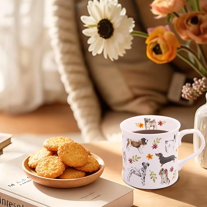 Cute Dog Coffee Mug, 12 oz Premium New Bone China Tankard Coffee Tea Mug, Holiday and Birthday Gift for Women, Dog Lovers, Dog Moms and Best Friends, Designed in England by Harvest Green Studio