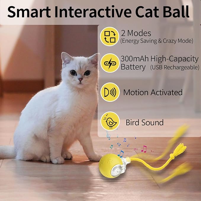 Interactive Cat Toys, Automatic Moving Cat Toys for Bored Indoor Adult Cats, Fast Rolling, Chirping & Motion-Activated Kitty Toys, Fun Gift for Cats with Speedy Tail 2.0, USB Rechargeable (Yellow)