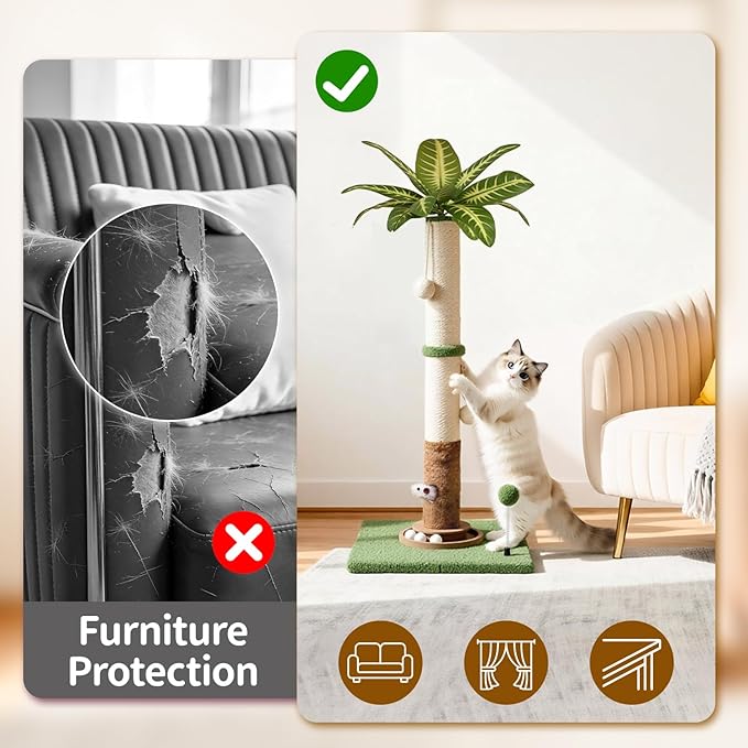 Tall Cat Scratching Post Vertical Pole for Indoor, 35" Palm Tree Sisal Scratch Post for Large Cats & Kittens, Heavy Duty Wooden Carpet Pole with Ball Track Leaves, Furniture Protection