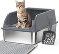 Stainless Steel Cat Litter Box with Lid, Enclosed Litter Boxes XL High Sided for Kitty Big Cat and Multiple Cats, Anti-Urine Leakage | Non-Stick & Includes Cat Mat and Scoop