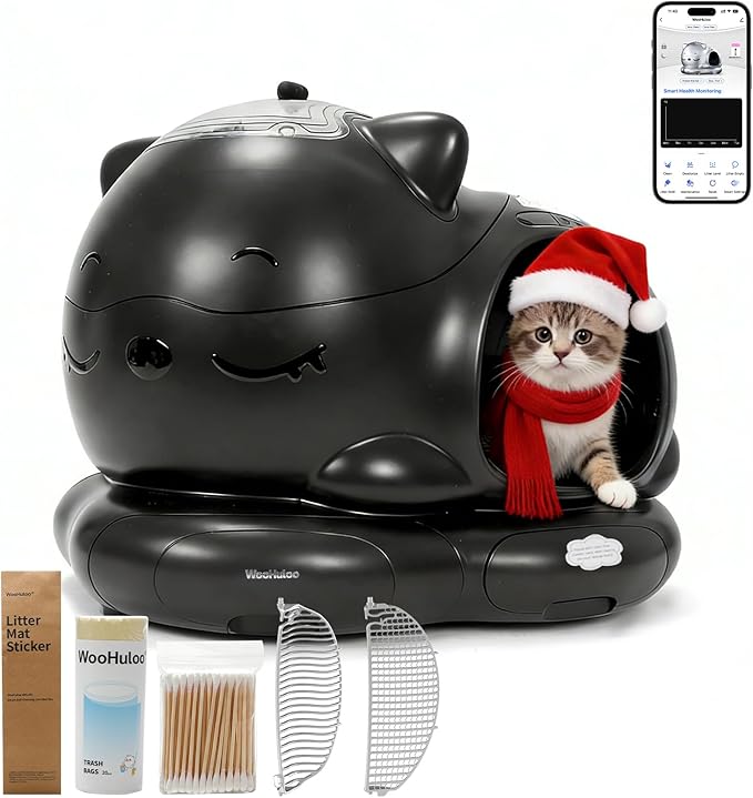 Automatic Cat Litter Box, Semi-Open Large Capacity with Triple Odor Removal System, App Control and Health Monitor, Safety Sensor, Cute Self Cleaning Litter Box for Multiple Cats (Black)