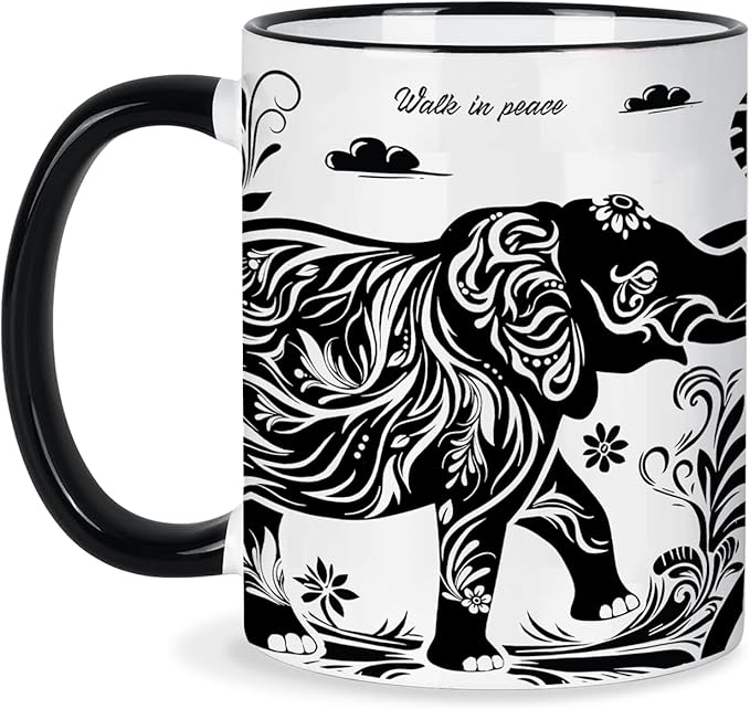 Elephant Gifts for Women, Elephant Mug 11Oz Mothers Day Birthday Gifts for Women, Black and White Boho Mug for Coffee, Tea and Milk, Ceramic Cup Microwave & Dishwasher Safe