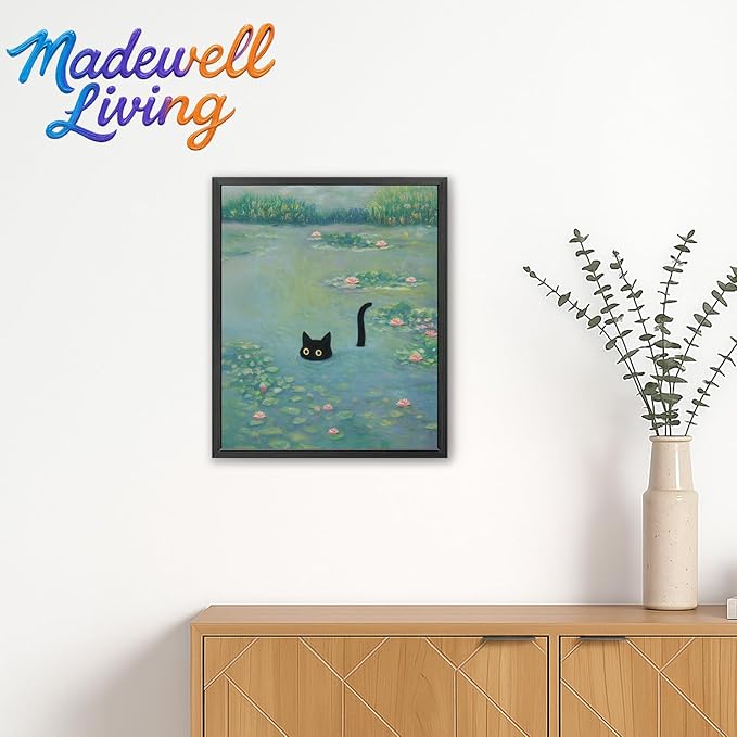 Funny Cat in Water Lilies Wall Art, Vintage Monet-Style Bathroom & Bedroom Decor, Ready to Hang Aesthetic Cat Gift for Dorm, Living Room, Black Frame Canvas Print(11’’x14’’)