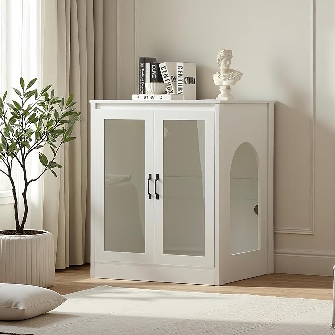 Cat Litter Enclosure with Cat-Viewing Glass Doors, Litter Cabinet with Power Outlet and Cozy LED Lights, Reversible and Optional Entry,White