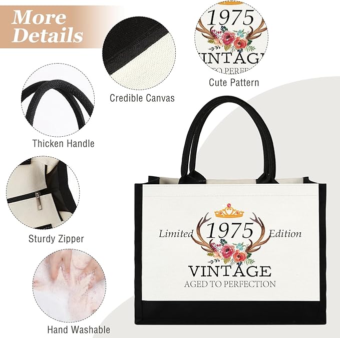 GevGuxLuo 50th Birthday Gifts for Women Canvas Tote Bag, 50 Years Old Birthday Gifts for Mom Wife Aunt Friends Her,Turning 50 Beach Bag Reusable Grocery Bag 1975 Women Tote Bag