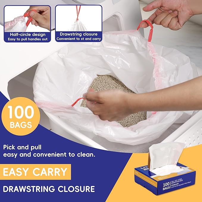 Drawstring Litter Liner Bags 100 Pack-Cat Litter Box Liner Bags for Litter Box Robot 3 and 4 Thick Waste Bags for Self-cleaning Cat Litter Box Liner Trash Bags for Home/Kitchen Trash Cans