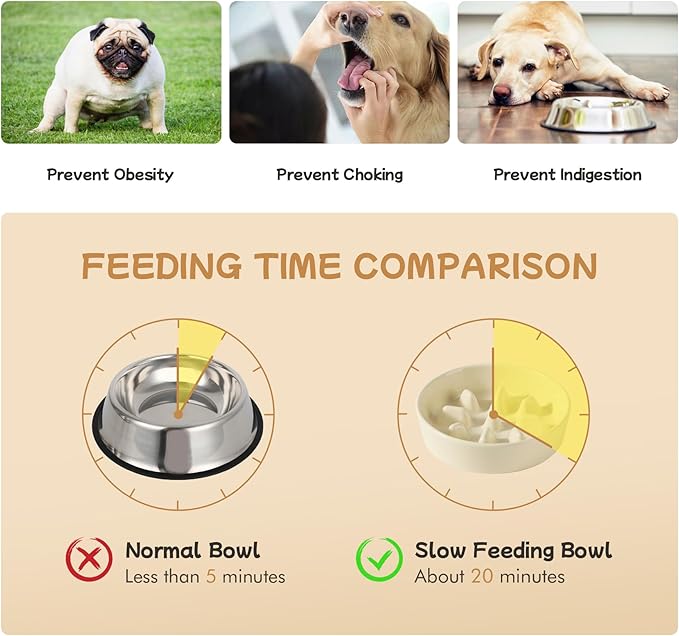 Ceramic 0.9 Cup Raised Slow Feeder Dog Bowl Set, Elevated 6.1inch Slow Dish and 6.1inch Water Bowl with Wooden Stand for Small Dogs (2 x Light Yellow+ Stand)