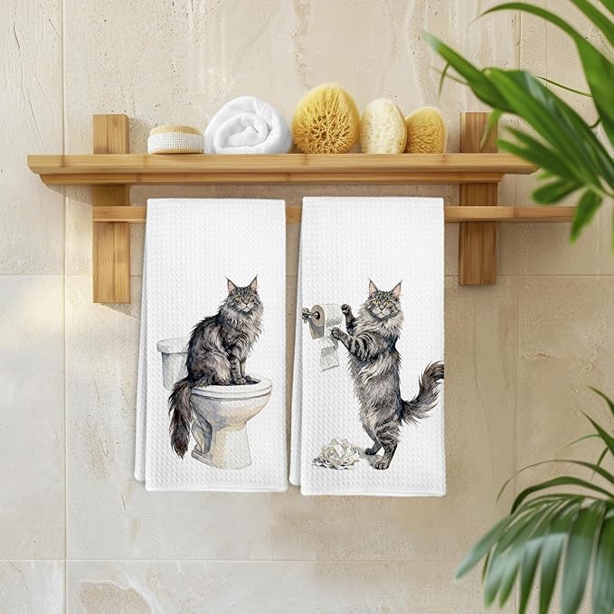 Funny Maine Coon Cat Gifts for Women Men, Maine Coon Cat Hand Towels for Bathroom Washroom Decor, Cute Cats Themed Decorative Hand Towels Set of 2, Kitty Themed Dish Tea Towel, 16x24 Inch