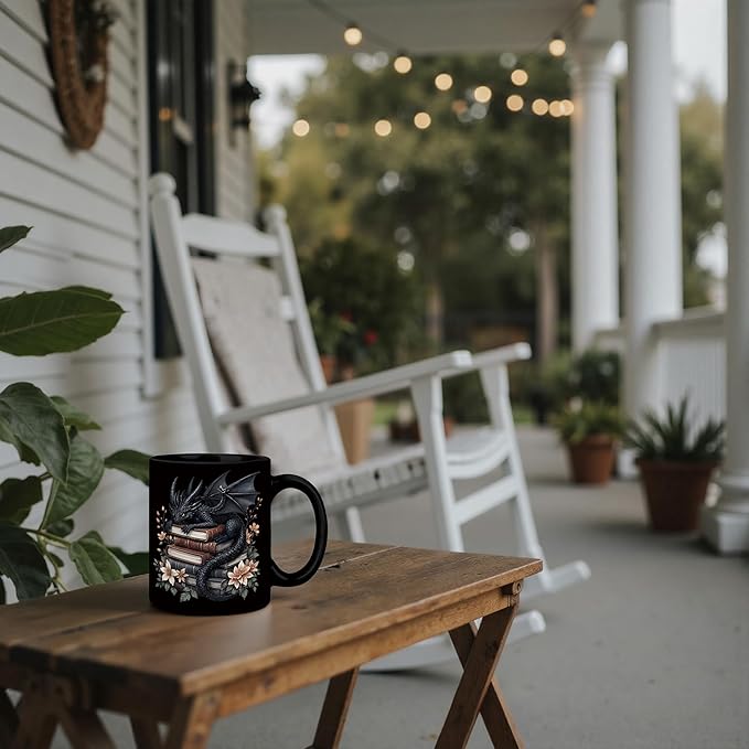Black Book Lover Mug 11 oz, Book Lover Gifts for Women, Bookish Reader Bookworm Gifts Coffee Cups Ceramic, Black Floral Dragon Ceramic Mug for Coffee Tea Hot Cocoa Home Office Work