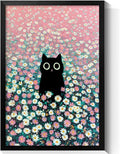Black Cat Canvas Wall Art, Cute Cat In Daisies Meadow Aesthetic Poster, Adorable Animal Picture, Pink White Flowers Print Painting for Bedroom, Nursery Wall Decor Pet Lover Gift 24x36in Framed
