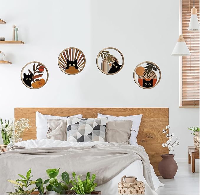 Boho Black Cat Wall Art Black Cat Room Decor Aesthetic, 4-Piece Farmhouse Geometric Wooden Cat Wall Decor Mid-Century Bohemian Moon Sun Design for Nursery, Bedroom Perfect Cat Lover Gifts