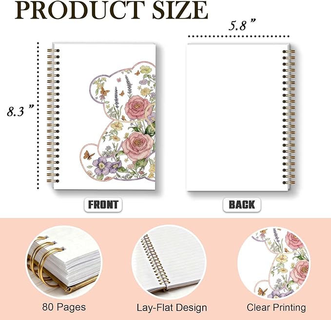Cute Bears Spiral Notebook, Cute Girly Preppy Study Supplies, Bear Gifts for Women Girls, 5.5x8.3 Inch - A16
