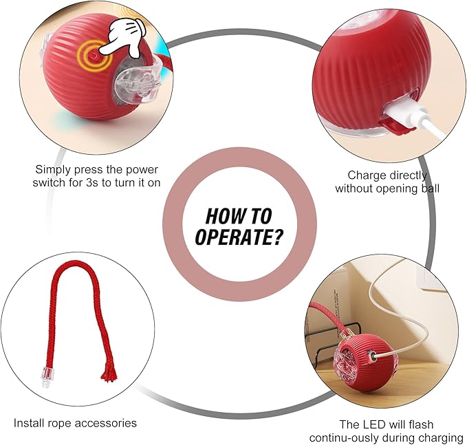 Aero Zen Indoor Cat Interactive Toy Ball Version 2025 - Random Rolling,Flashing on Floor,360° Automatic Rolling Ball Toy for Dogs/Cats (Red)