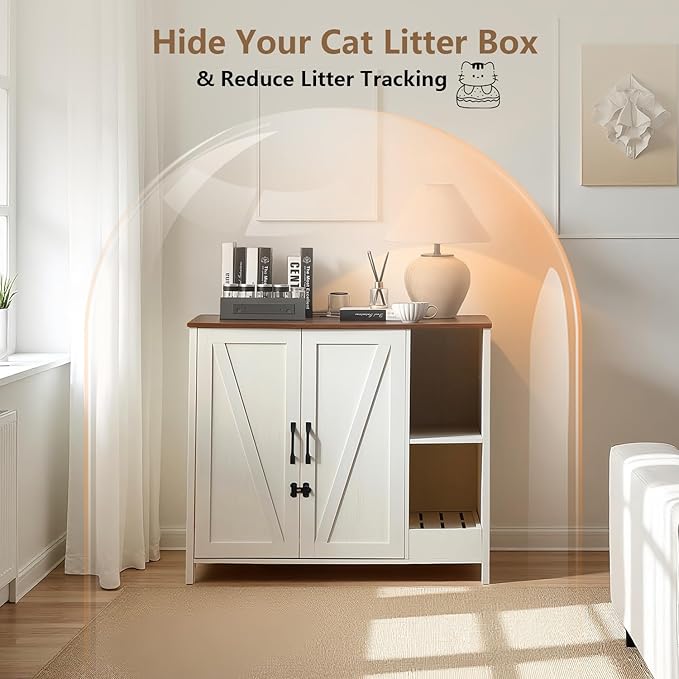 Litter Enclosure with Litter Collector, Litter Cabinet with Dog-Proof Adjustable Shelf, for Placing Cat Robot 3/4, Power Outlet (Antique White)