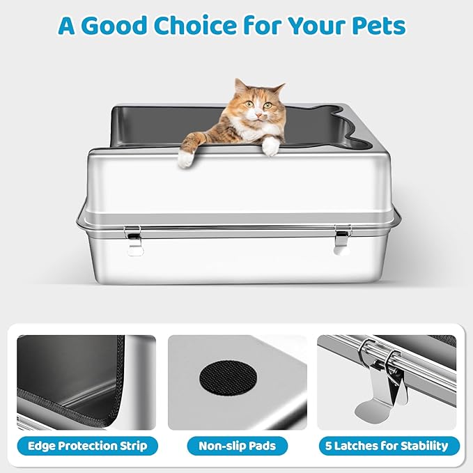 Extra Large Stainless Steel Cat Litter Box, 27.5" L x 19.7" W x 12" H XXXL Semi Enclosed Removable Metal Litter Tray with High Sided Enclosure, Scoop, Anti-Leakage, Non-Sticky, Easy Cleaning
