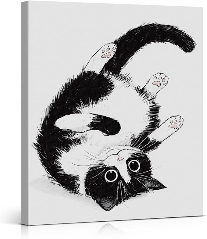 Modern Tuxedo Cat Wall Art Decor Cute Black and White Cat Print Picture Wall Decor for Home Living Room 8x10 Inch Canvas Framed