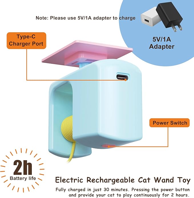 Automatic Hanging Cat Toy for Indoor Cats, Electric Doorway Cat Teaser with Motion Sensor, Quiet Motor & Retractable Rope, Includes 3 Replaceable Feather Attachments, USB Rechargeable, Blue