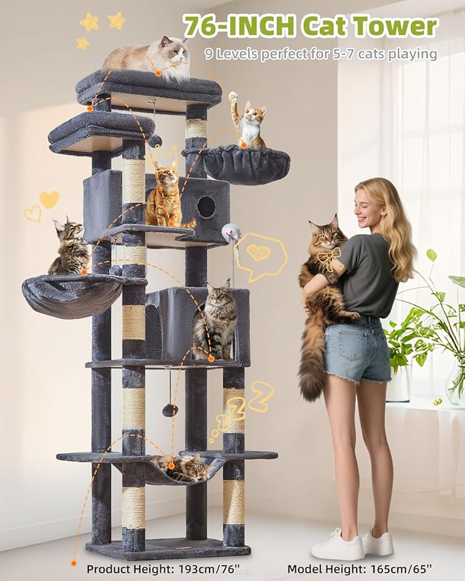 Taoqimiao Cat Tree Tower, 76-Inch Sturdy Cat Tree for Indoor Cats Large Adult Cat Tower with Scratching Posts，2 Condos, 2 Perches, 2 Large Hanging Baskets, Soft Hammock, MS046G Smoke Gray
