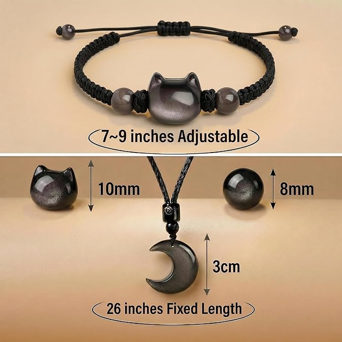 Black Obsidian Cat Bracelet and Moon Pendant Necklace Jewelry Set-Cat Lover Gifts,Wealth Attraction,Good Luck,Bead Bracelet,Mindfulness,Beaded Bracelets, Obsidian Pendant Necklace-Cute Gifts for Women