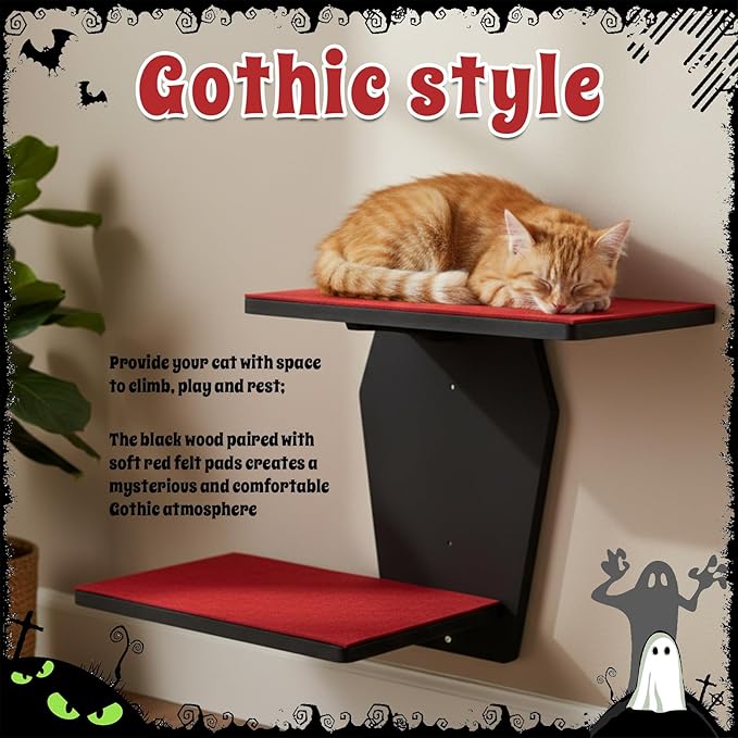 Sintuff Gothic Wall Cat Shelves Wall-Mounted 2 Platform Wall Climbing Steps Furniture Goth Floating Coffin Cat Bed Tree Space-Saving Perch Ladder for Playing Nap Indoor Gothic