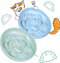 2 Pcs Cat Slow Feeder Bowl for Dry & Wet Food - Unbreakable Melamine Cat Food Plates for Slow Eating - Puzzle Feeder Bowl - Whisker Friendly & Dishwasher Safe & Non Slip Design (Blue + Green)