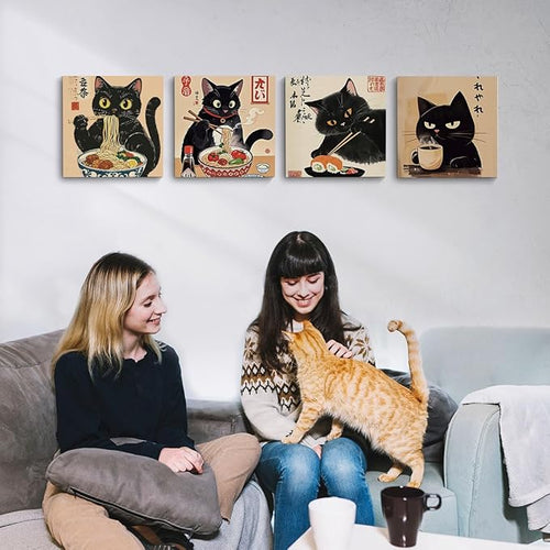 4 PCs Kawaii Japanese Ramen Cats Canvas Wall Art Framed Wall Decor, Cat Lover Gifts, Cat Themed Gifts Art Prints Paintings, Pictures Home Decor for Kithchen Dining Room Bedroom Farmhouse