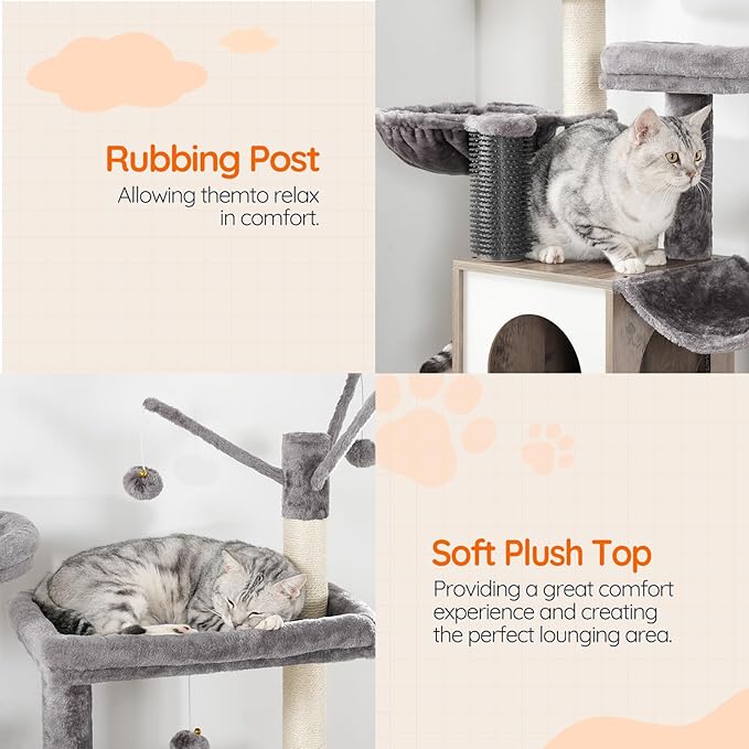 HOOBRO Large Hidden Litter Box, Cat Tree with 30.7'' Long Litter Box Enclosure, Modern Cat Tower, Cat Condos with Scratching Posts, Rubbing Post, Hammock and Teaser Sticks, Greige BG28MZ03G1