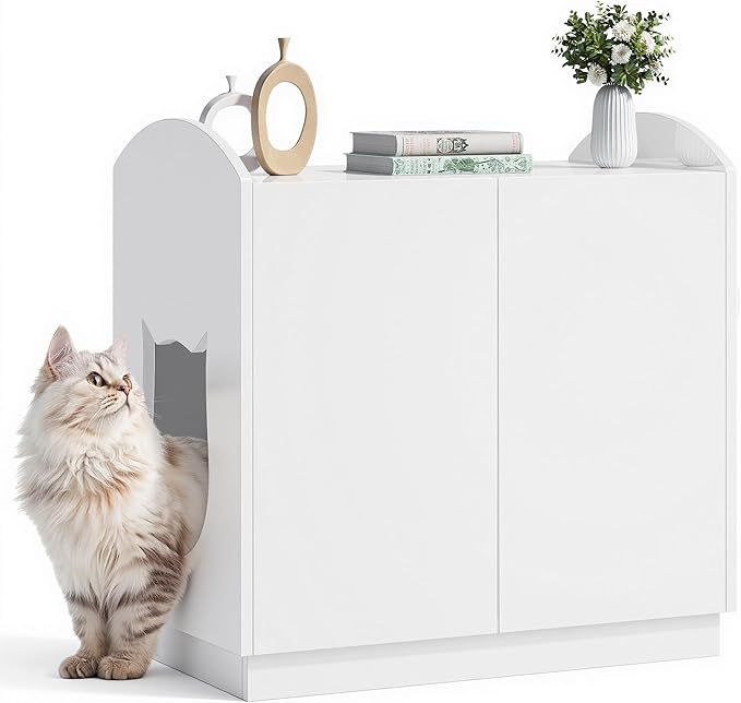 DWVO Large Hidden Litter Box Furniture with Hooks, Modern Cat Litters Box Enclosure for M/L/XL Litter Boxes, Wooden Secret Cat Cabinet, High-Gloss White