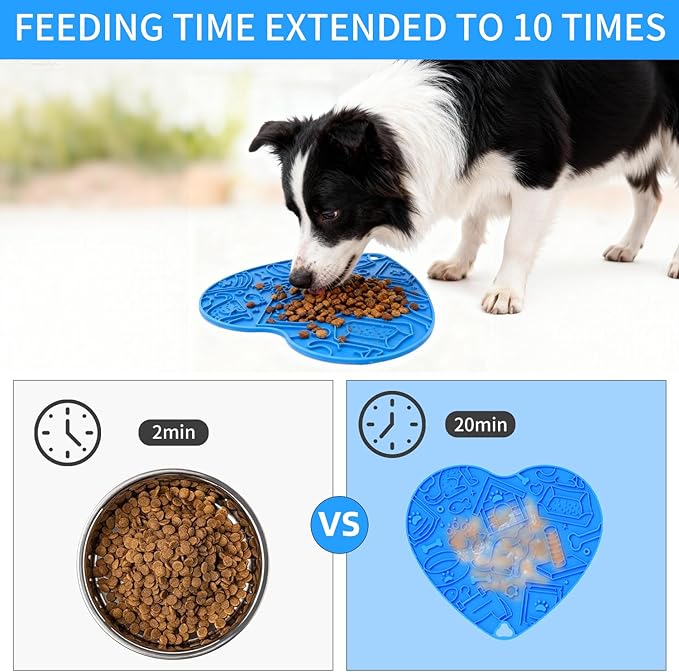 Silicone Slow Feeder Dog & Cat Bowl with Suction Cups – Non-Slip Fun Pattern for Dogs and Cats, Interactive Pet Enrichment Bowl, Treat Eating Feeder, Heart-Shaped Mat Compatible (Blue)