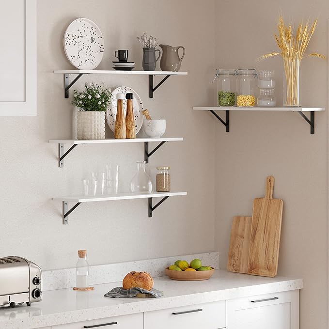 DINZI LVJ Long Wall Shelves, 24 Inch White Floating Shelves Set of 2, Easy-to-Install, Wall Storage Ledges with Sturdy Metal Brackets for Living Room, Bathroom, Bedroom, Kitchen, White