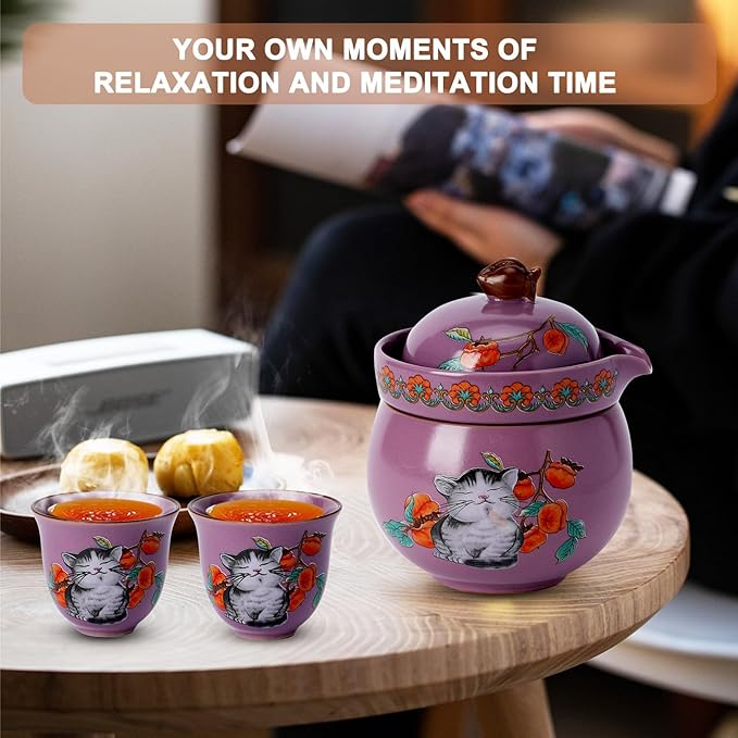 Mini Tea Cups,Cute Lucky Cat Cups,Small Tea Mugs,Porcelain Gongfu Tea set with 3 in 1,Tea Sets for Adults,Ceramic Tea Infuser Cup for Loose Leaf for Women/Tea Lovers/Birthday/Mother's Day (Purple)