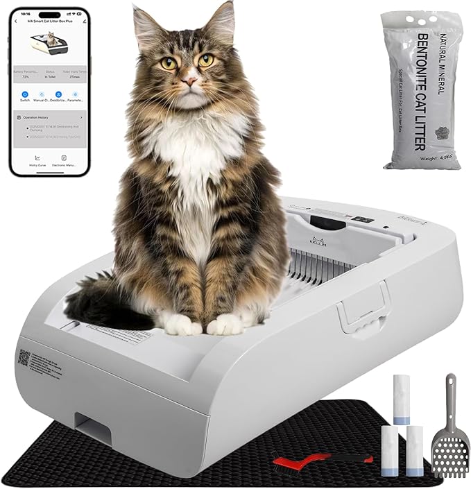 Open-Top Self Cleaning Cat Litter Box Automatic with Smart APP Control, Anti Pinch and Odorless, Whisper Quiet, Free Waste Bag/Litter Mat/Cleaning Brush/Mineral Cat Litter (Cream White)