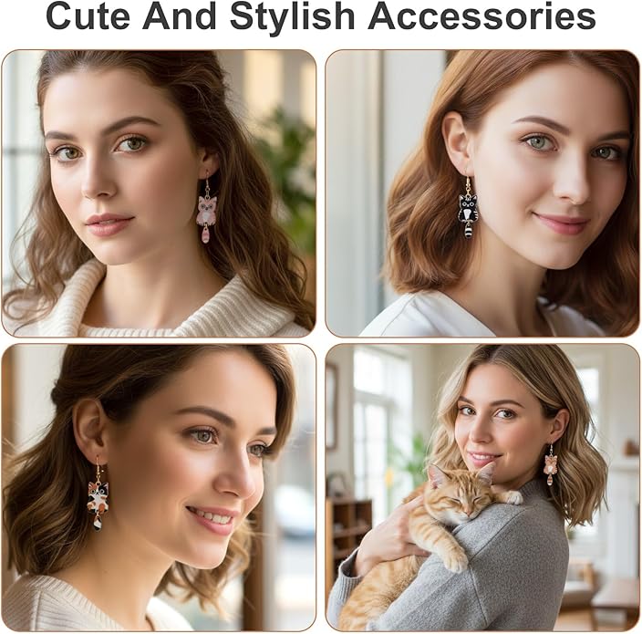 Nogeqi 6 Pairs Funny Cat Earrings for Women, Kawaii Cartoon Alloy Cute Drop Dangle Kitty Cat Earrings, Aesthetic Birthday Party Kitten Jewelry Gifts for Cats Lovers
