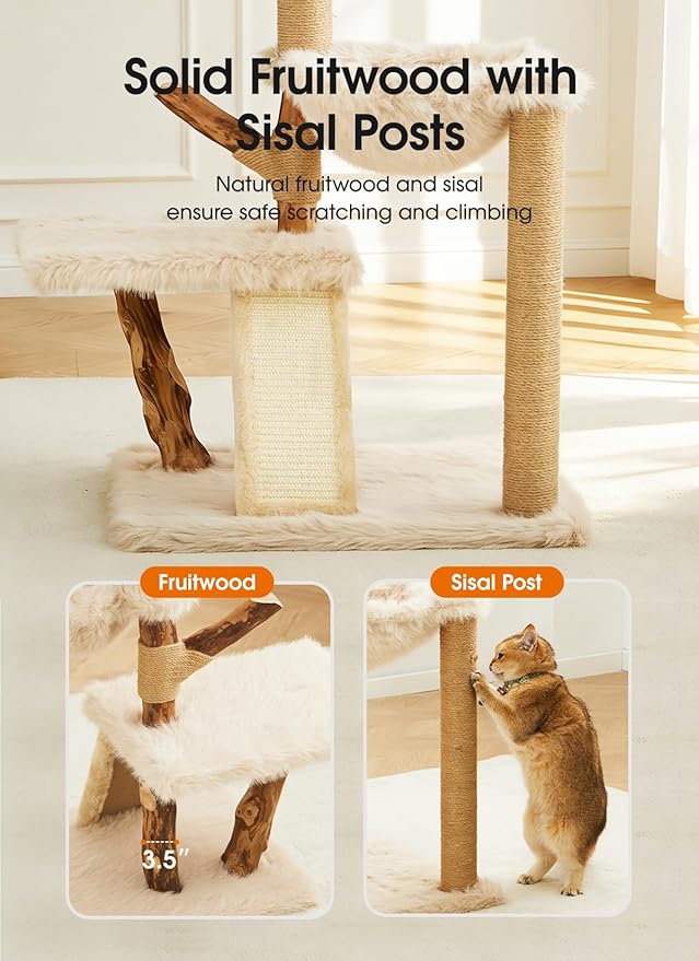 Letkind 38" Modern Cat Tree Tower for Large Indoor Cats, Perches-Natural Solid Wood Cat Tower with Sisal Scratching Post, Perches, Basket & Scratching Post, Aesthetic Boho Cat Furniture