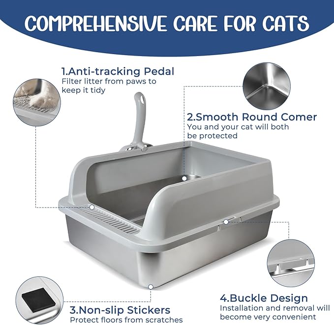 Stainless Steel Cat Litter Box with Lid, High Wall Kitty Litter Box for Small Cats, Metal Kitty Litter Box, Non-Sticky, Anti-Leakage, Easy Cleaning, Include Cat Mat and Scoop, 17.2"x13.2"x7.7"