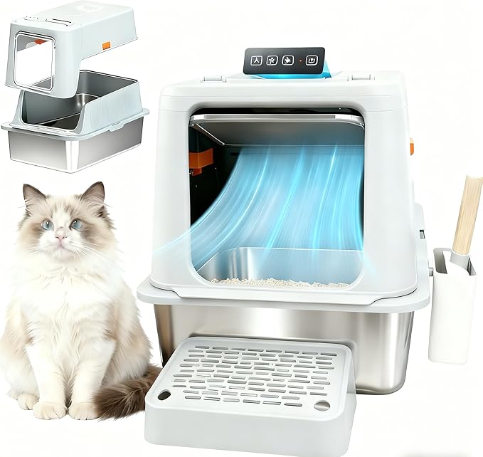 Smart 3-Speed Deodorization XXL Stainless Steel Cat Litter Box - Infrared Sensor, Extra Large Odor Control Litter Box for Large Cats & Multi-Cat Households 135° Flip-Top Metal Cat Litter Box - Grey