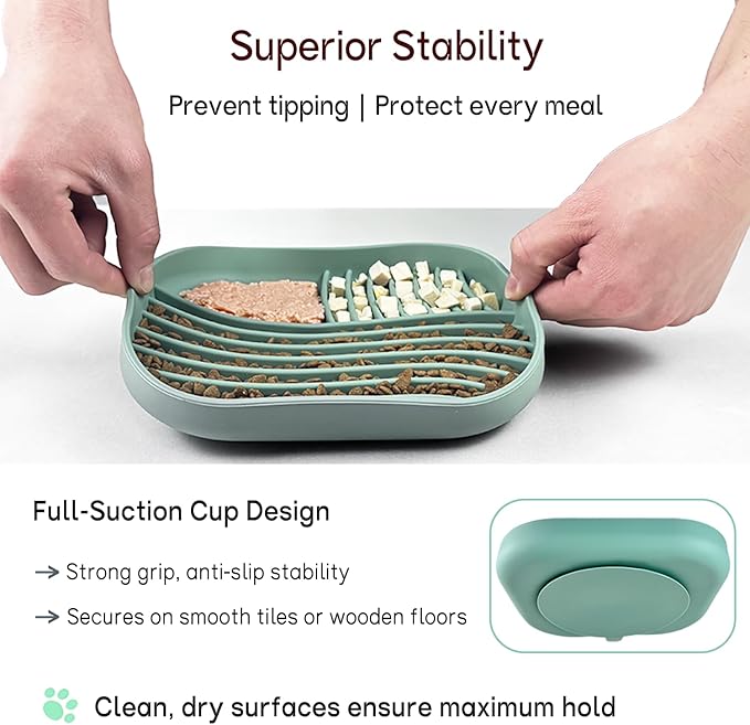 Slow Feeder Dog Bowl for Medium & Small Pets, Anti Choking Pets Slow Feeder with 3-Zone Puzzle Design, Wet Food Silicone Cat Bowl with Non-Slip Base, Dishwasher Microwave Safe(Green, 1.5 Cup)