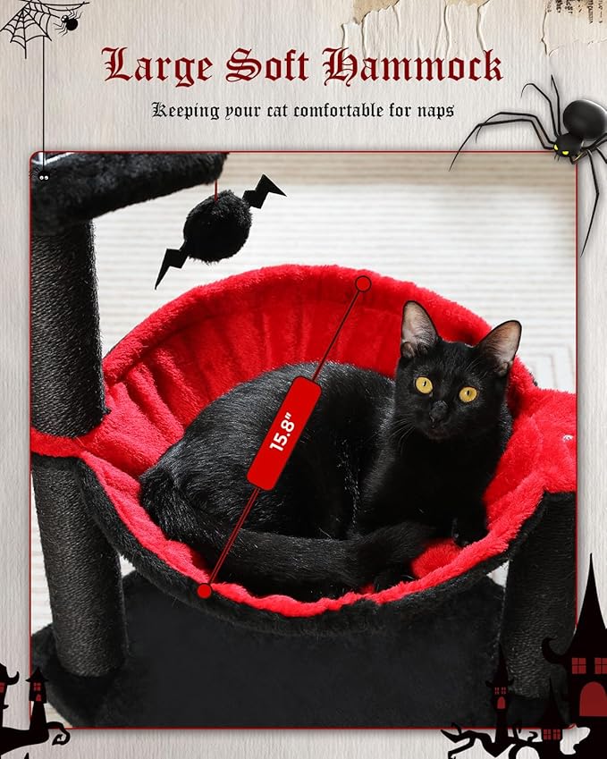 MUTTROS Gothic Cat Tree with Coffin Bed, Spooky Cat Tree with Black Scratching Posts & Halloween Cat Tower & Large Hammock for Small Kittens, Cat Toy Black Bat Included