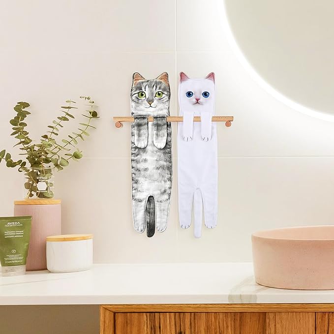 Funny Hand Towels for Bathroom Kitchen Decor - Cute Cat Hanging Hand Towel Kitchen Gadgets - Unique Housewarming Birthday Christmas Cat Lover Gift Ideas for Women Mom Lady Adults
