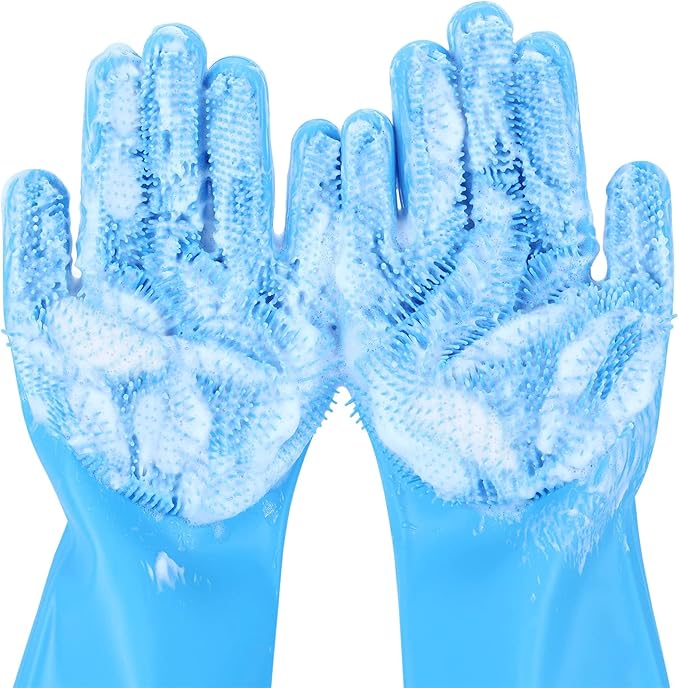 Pecute Pet Grooming Gloves - Heat Resistant Silicone Gloves with High-Density Teeth, Enhanced Five Finger Design for Bathing and Massaging Dogs and Cats, Blue